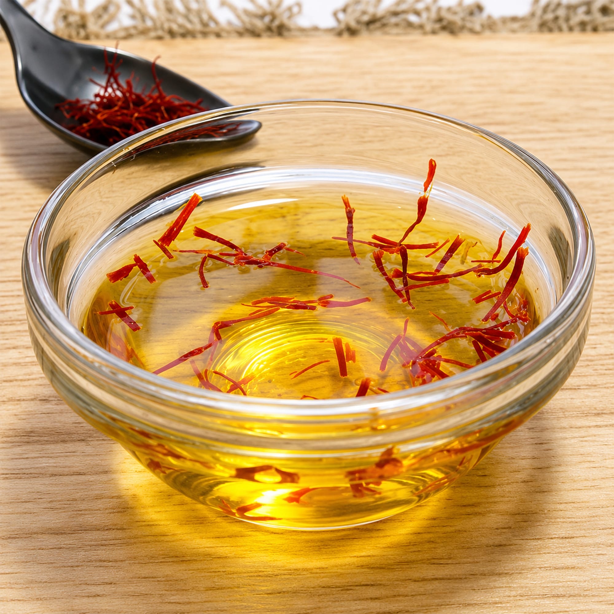 Bowl of Almas Safran threads with a fresh crocus flower